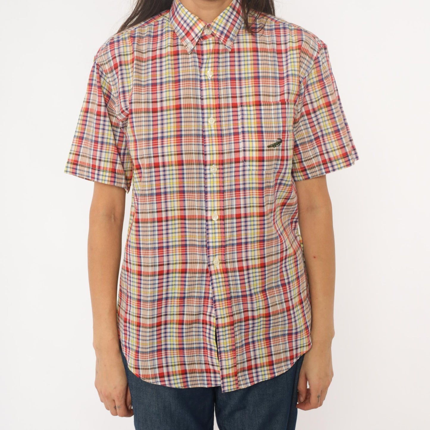 90s Multicolor Plaid Button-Up Shirt Cotton Short Sleeve Small S