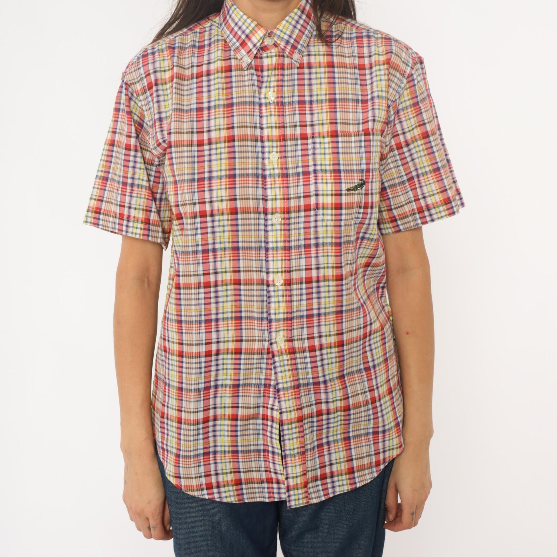 90s Multicolor Plaid Button-Up Shirt Cotton Short Sleeve Small S