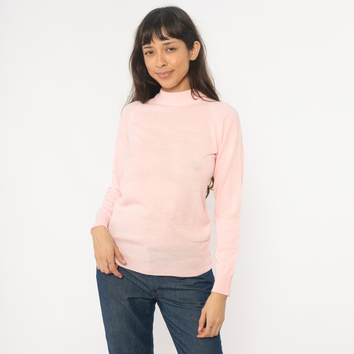 70s Pink Mock Neck Sweater Acrylic Knit Ribbed Cuffs Back Zip Small S