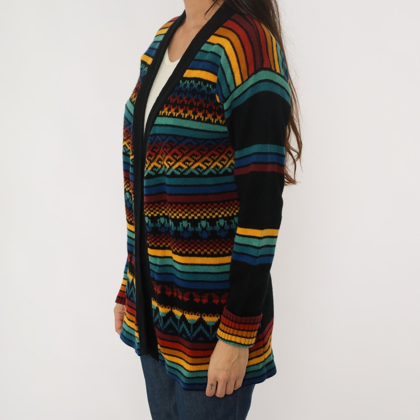 70s Black Cardigan Multicolor Striped Geometric Knit Sweater Medium M