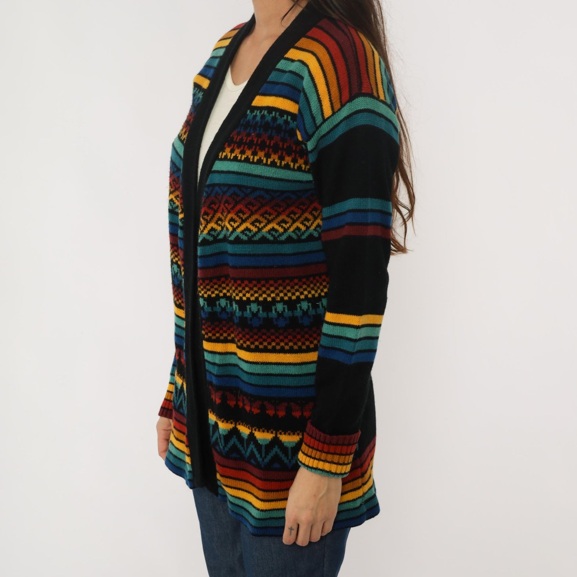 70s Black Cardigan Multicolor Striped Geometric Knit Sweater Medium M