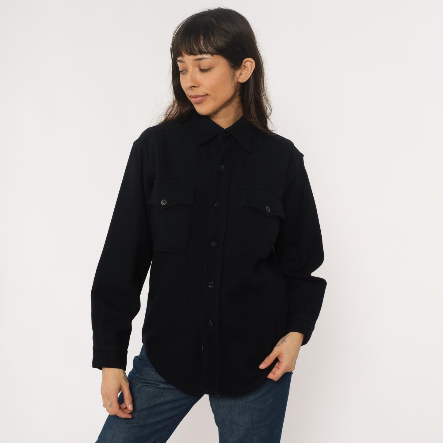 70s Dark Blue Wool CPO Shirt Button Front Pointed Collar Large