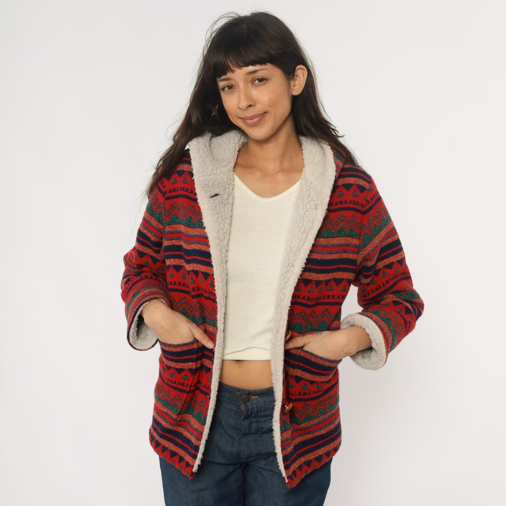 70s Southwestern Hooded Jacket Aztec Pattern Red Navy Orange Wool Blend Extra Small XS