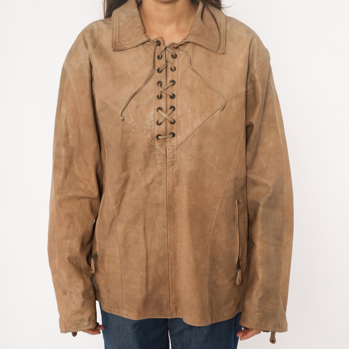 70s Yukon Jack Leather Jacket Tan Lace-Up Western Collar Extra Large XL