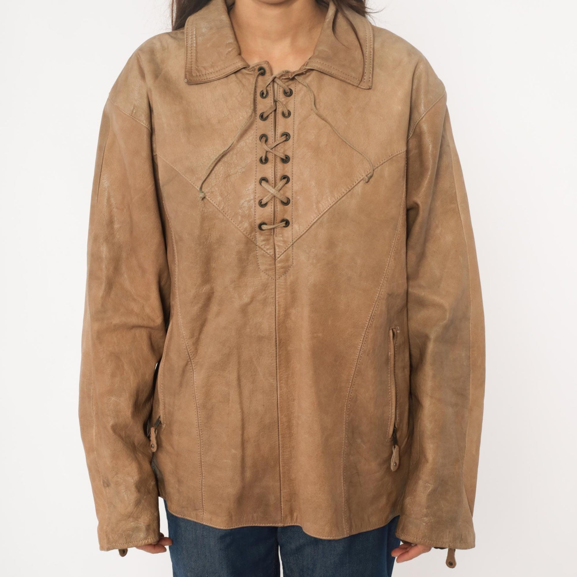 70s Yukon Jack Leather Jacket Tan Lace-Up Western Collar Extra Large XL