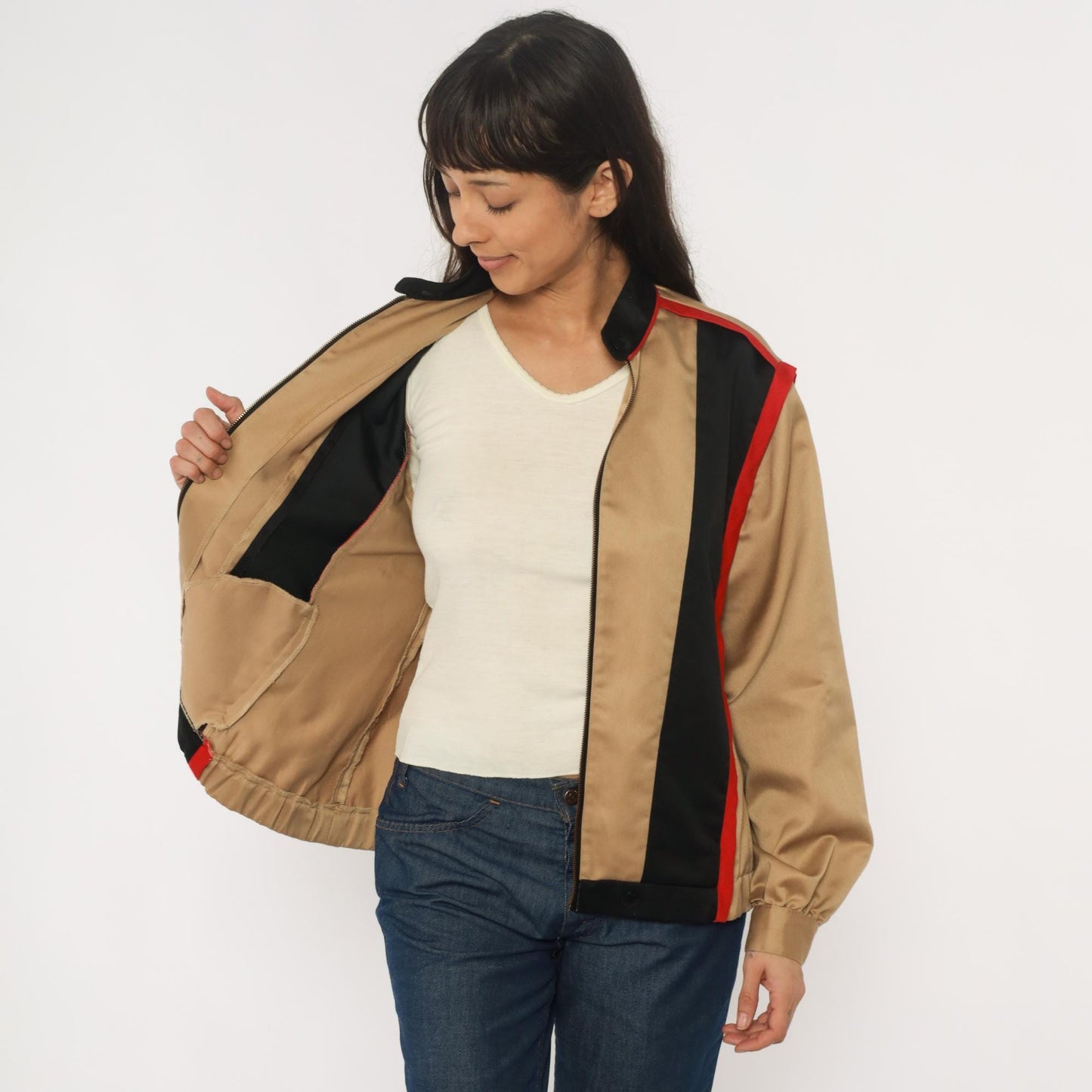 80s Sissies Windbreaker Jacket Tan Black Red Colorblock Medium