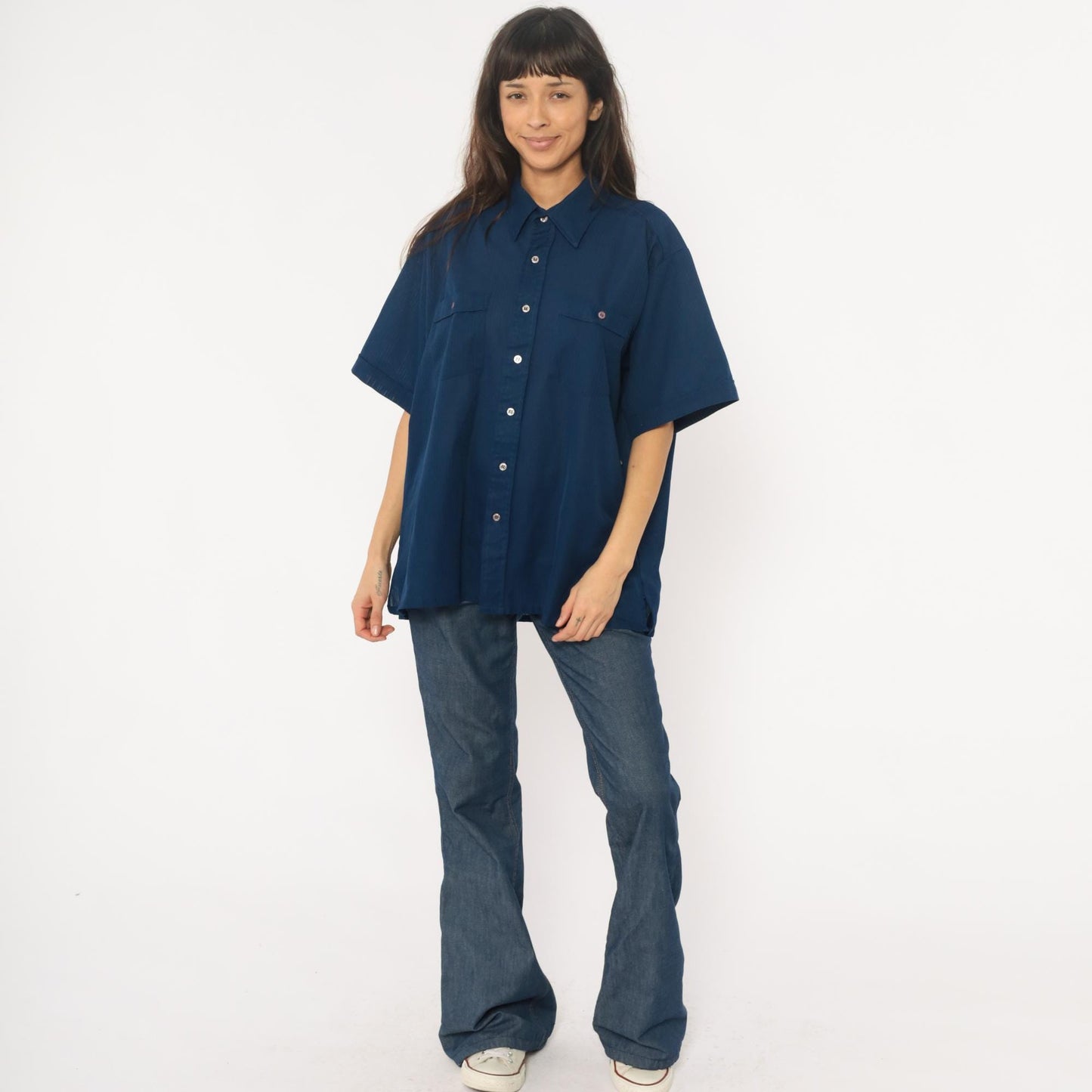 70s Navy Polyester Button-Up Shirt Short Sleeve Chest Pockets Extra Large