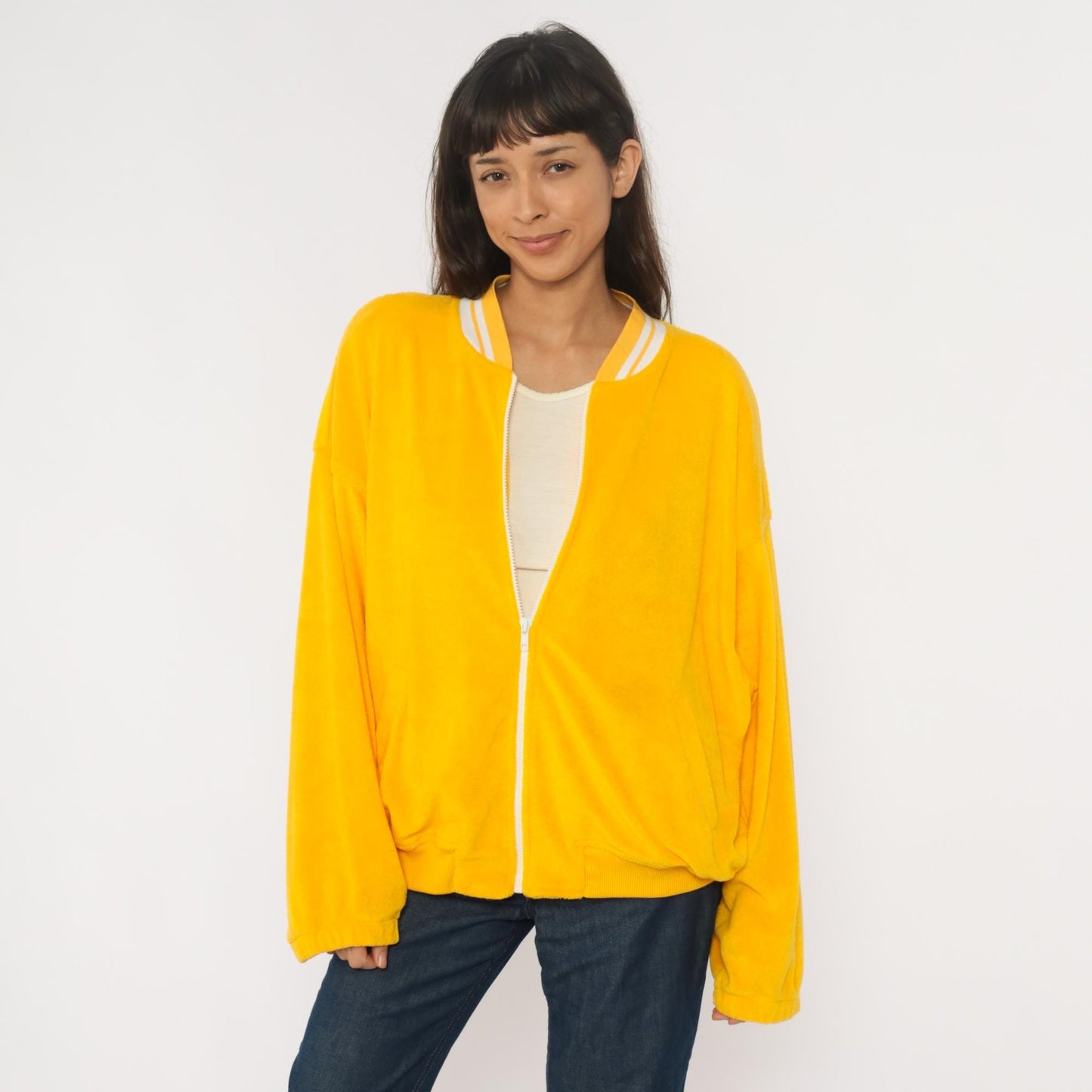 80s CA Sport Terrycloth Zip Jacket Compass Embroidered Yellow Plus Size XXL