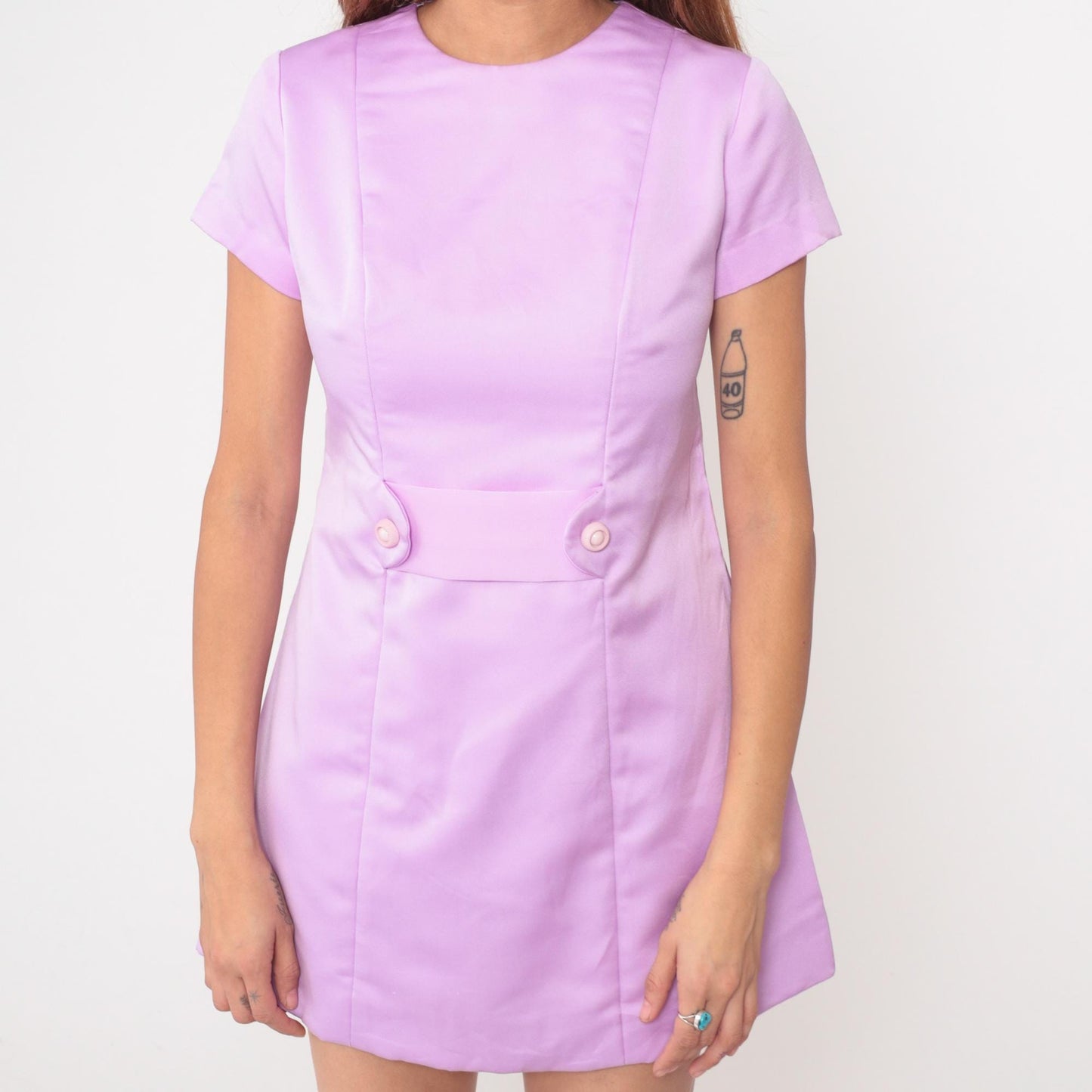 60s Lavender Mini Shift Dress Crew Neck Short Sleeve White Buttons Small