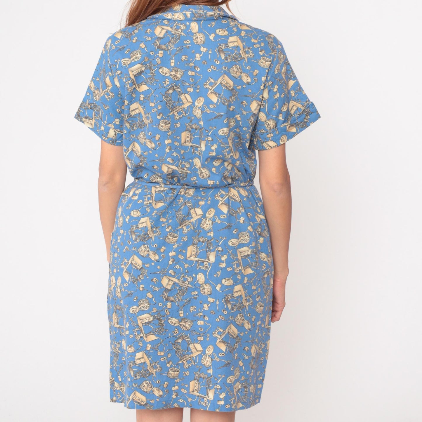 90s Zip n Dash Sewing Print Dress Blue Novelty Knee Length Medium
