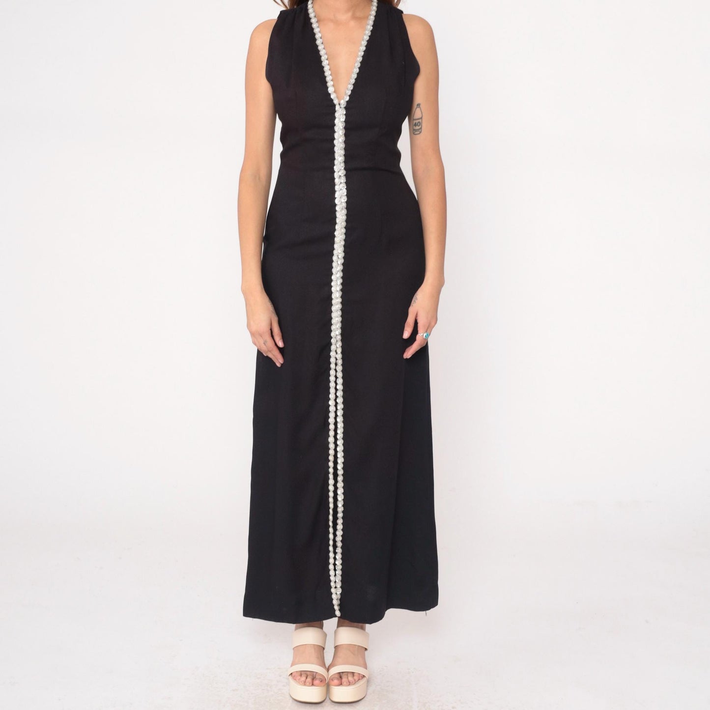 70s Black Maxi Dress White Sequin Beaded V-Neck Sleeveless Column Medium M