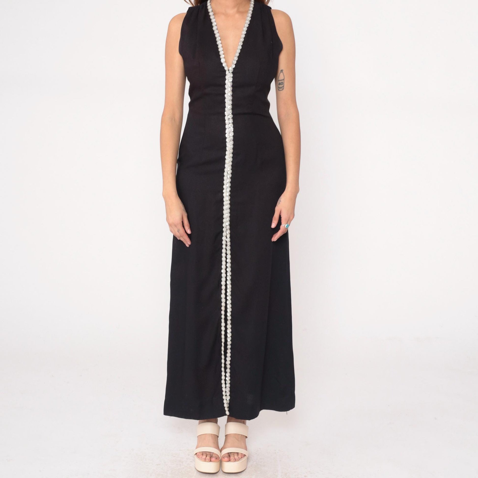 70s Black Maxi Dress White Sequin Beaded V-Neck Sleeveless Column Medium M