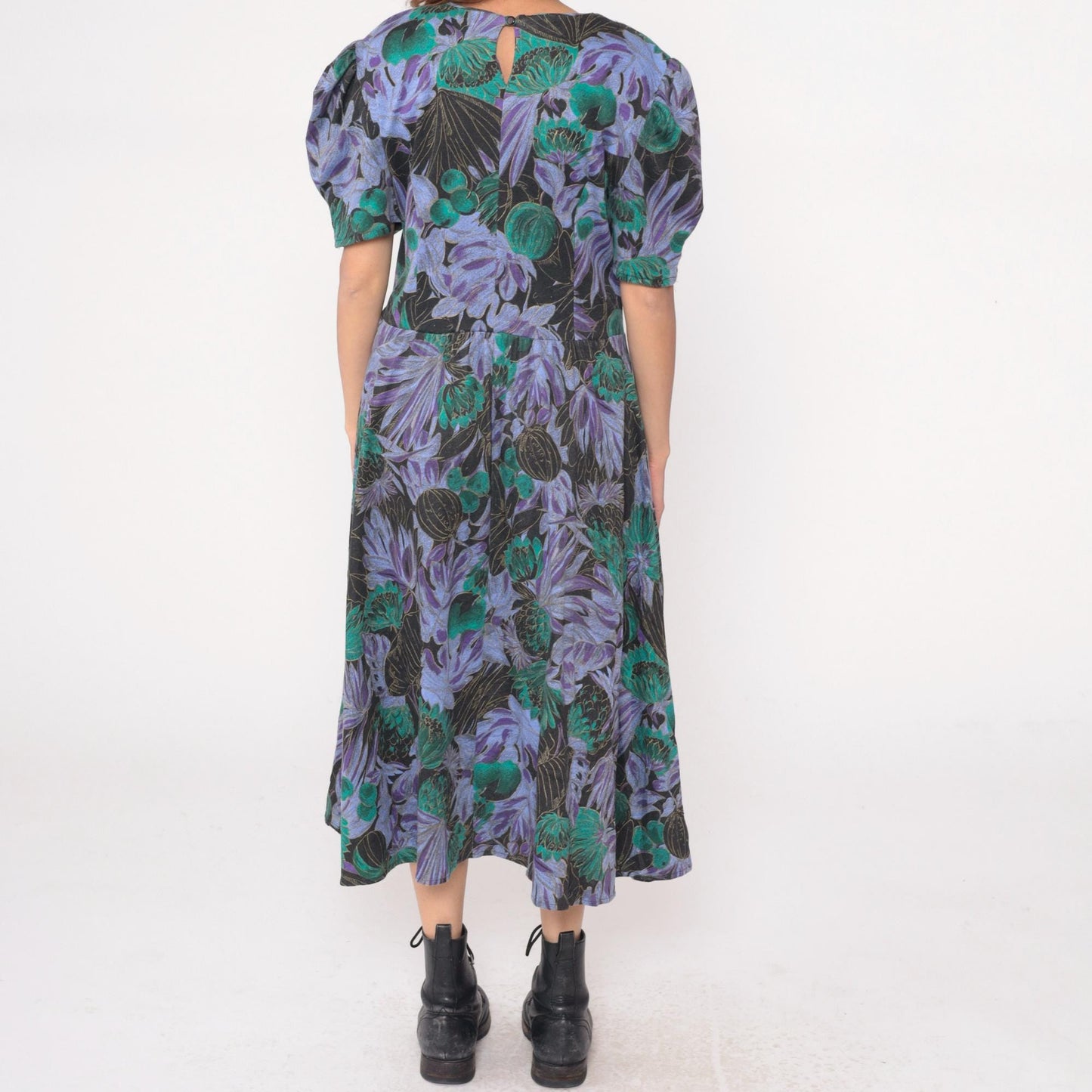 90s Scandels Black Floral Maxi Dress Purple Green Puff Sleeve Drop Waist Medium