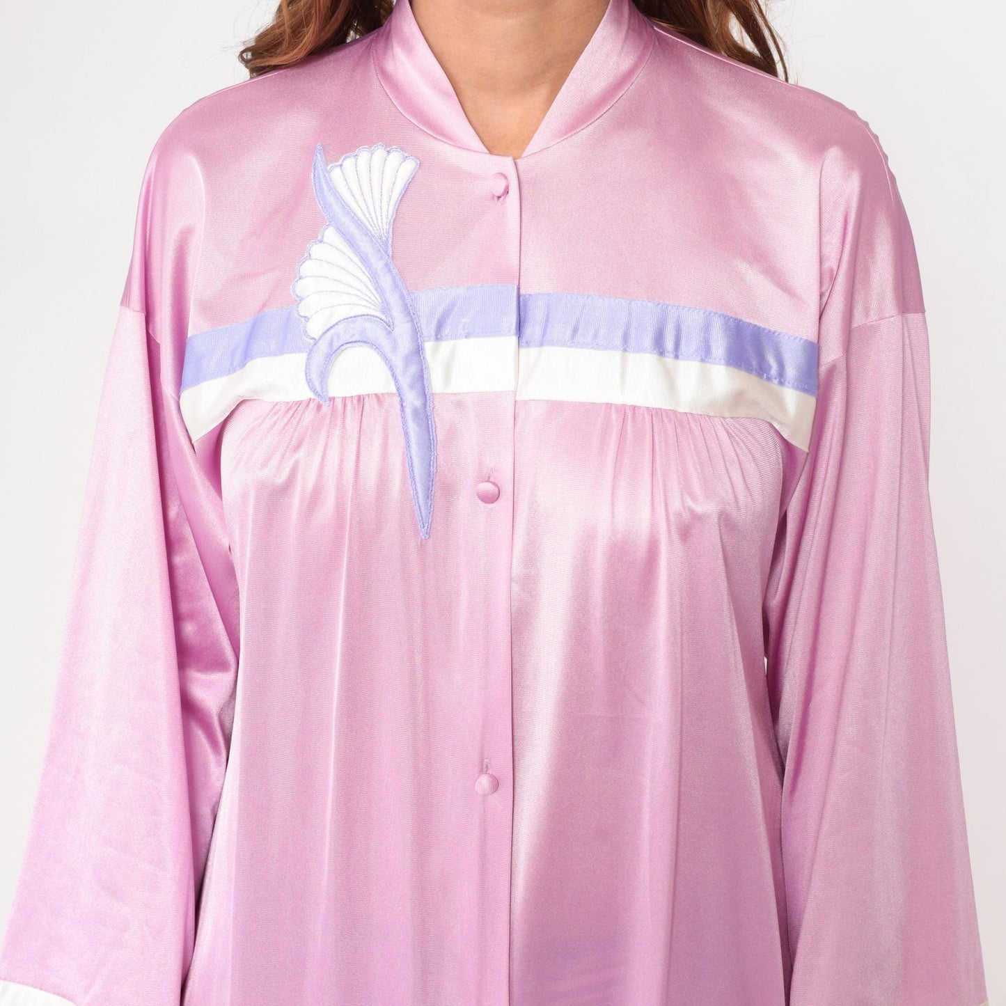 70s Vanity Fair Pink Nylon Robe Mandarin Collar Embroidered Bird Small