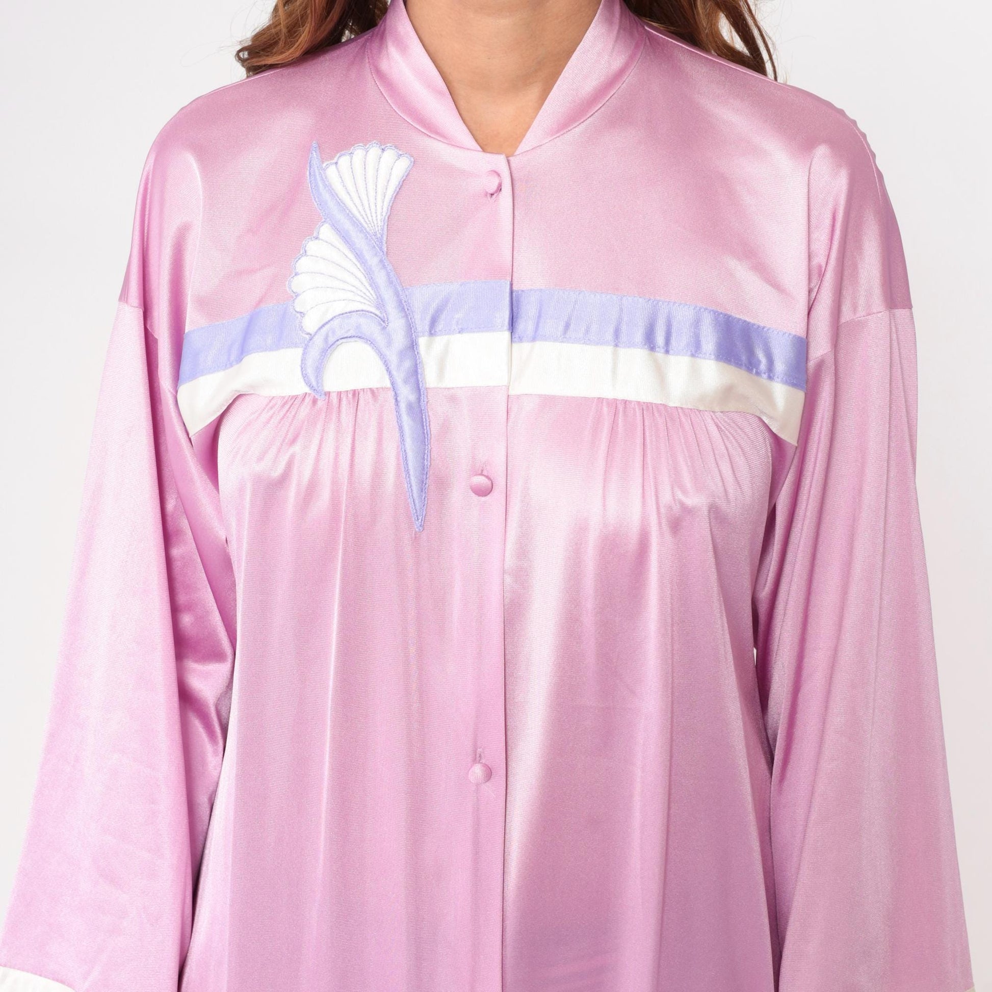 70s Vanity Fair Pink Nylon Robe Mandarin Collar Embroidered Bird Small