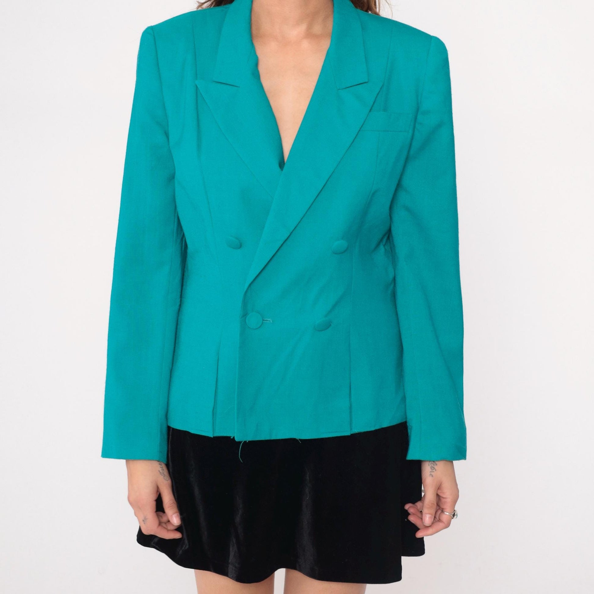 90s Gilmor Teal Double-Breasted Blazer Peaked Lapels Structured Medium