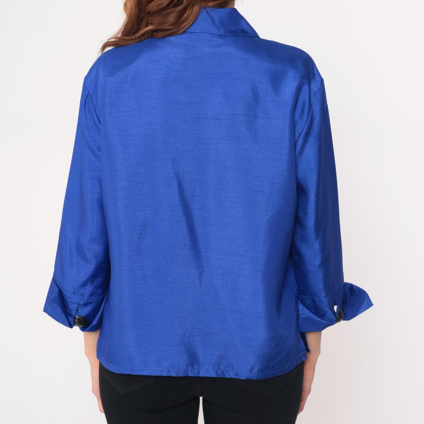 Y2K Royal Blue Button-Front Blouse Drapers Studio Collared Three-Quarter Sleeve Medium