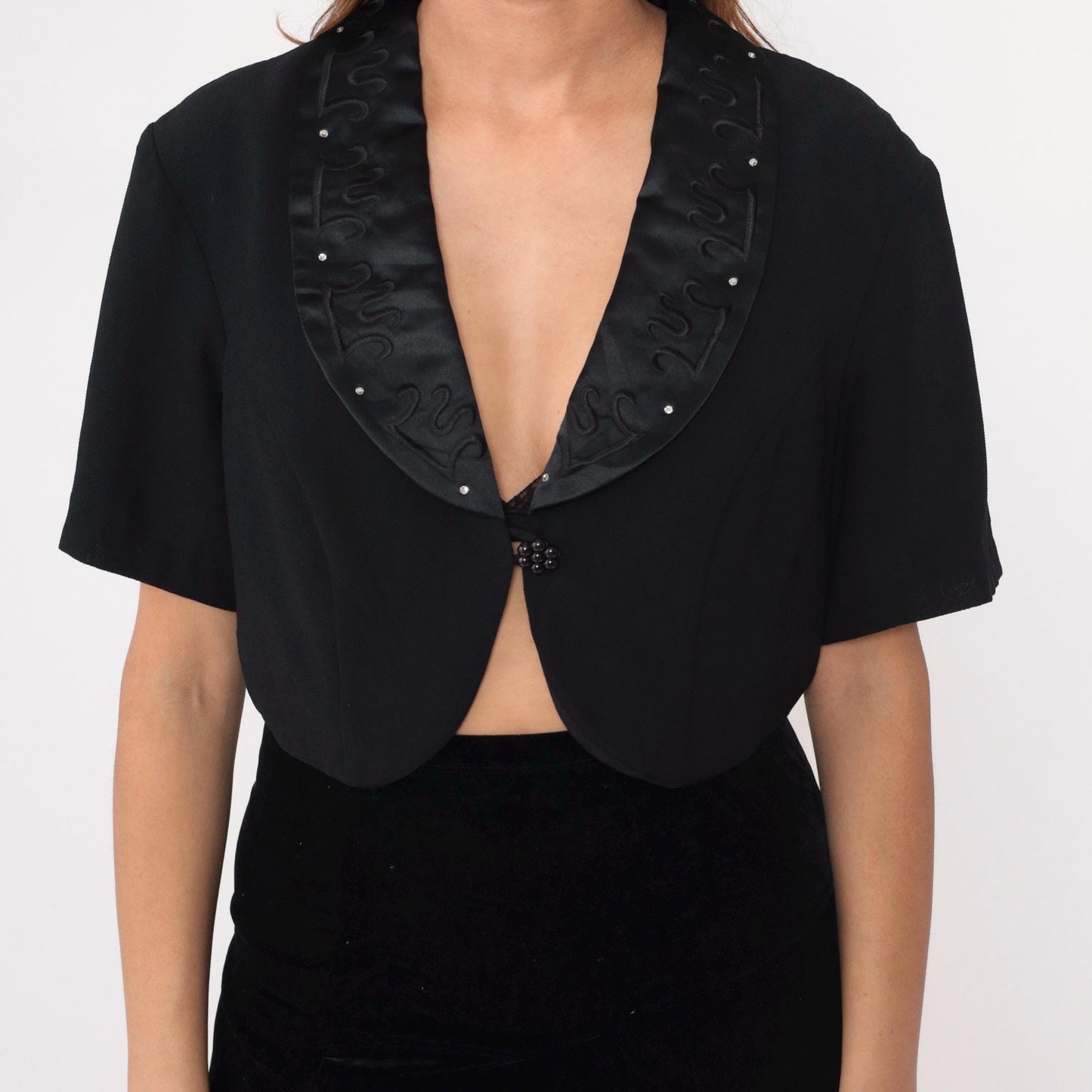 90s Black Rhinestone Bolero Jacket Cropped Satin Collar Short Sleeve Large L