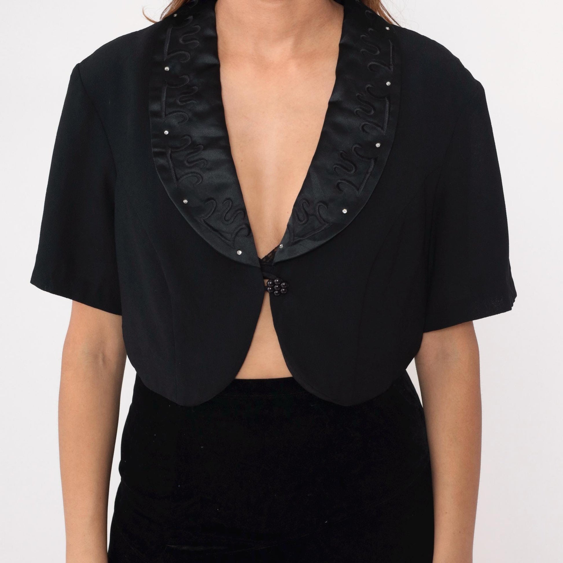 90s Black Rhinestone Bolero Jacket Cropped Satin Collar Short Sleeve Large L