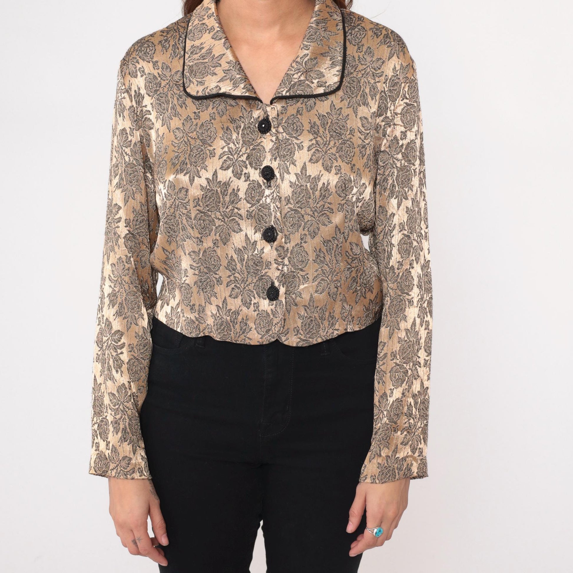 90s Sheri Martin Floral Brocade Jacket Cropped Champagne Black Piping Medium