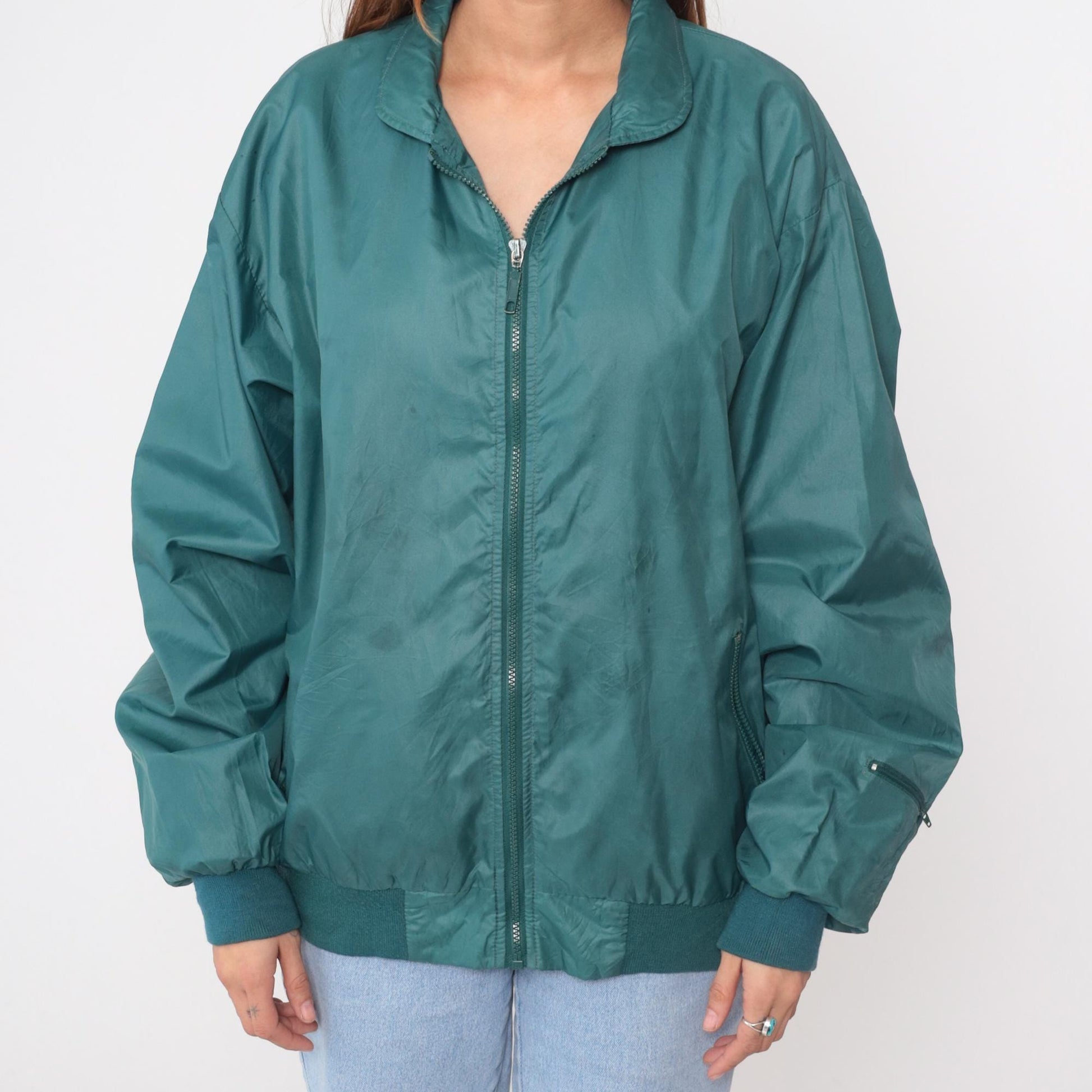 90s Izod Club Teal Windbreaker Jacket Nylon Zip Ribbed Collar Large L