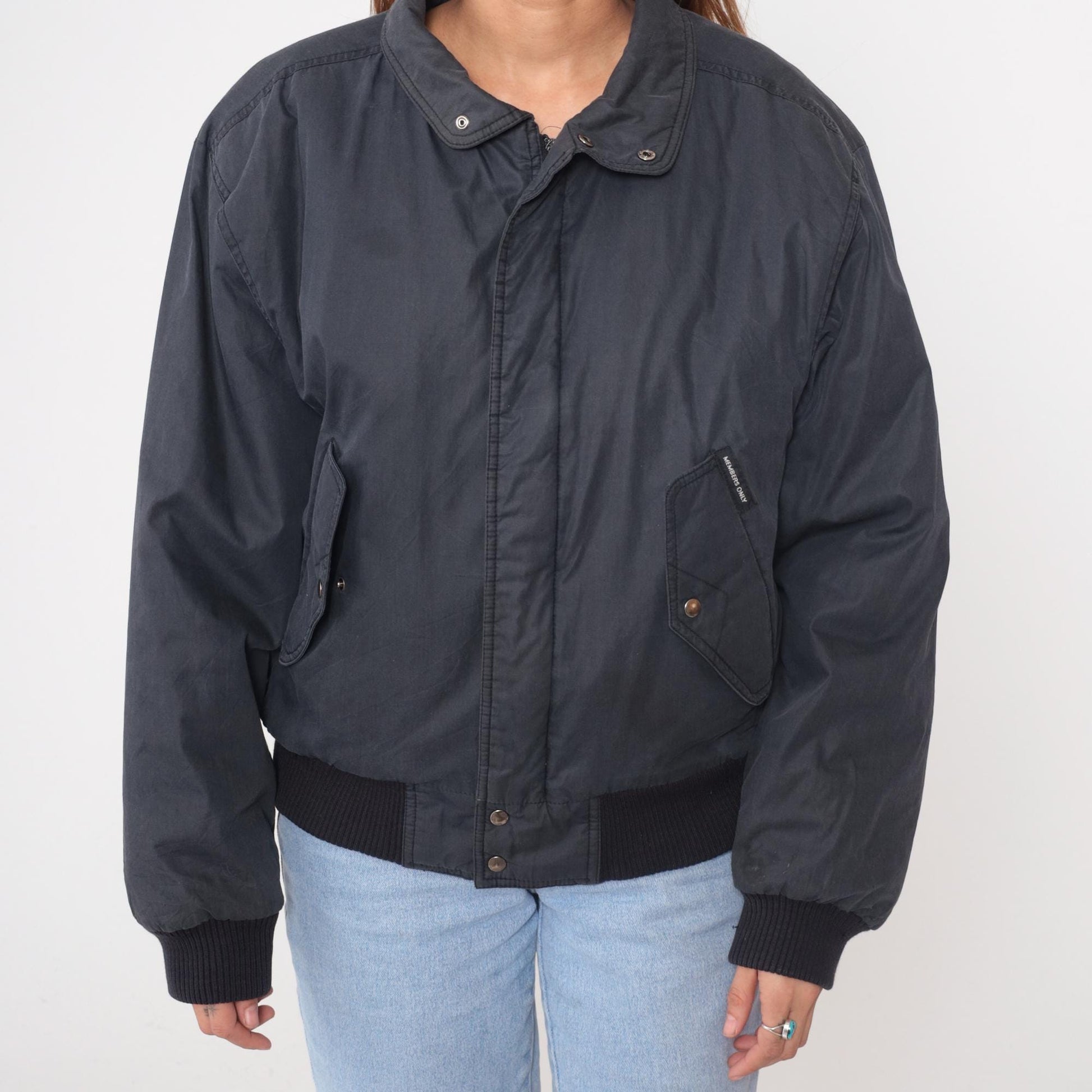 80s Members Only Bomber Jacket Black Raglan Snap Front Large