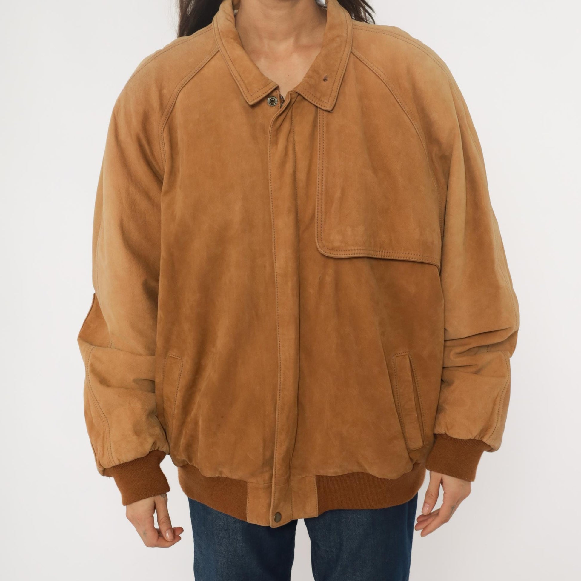 90s Marlboro Leather Bomber Jacket Tan Raglan Zip Front Map Lining Extra Large