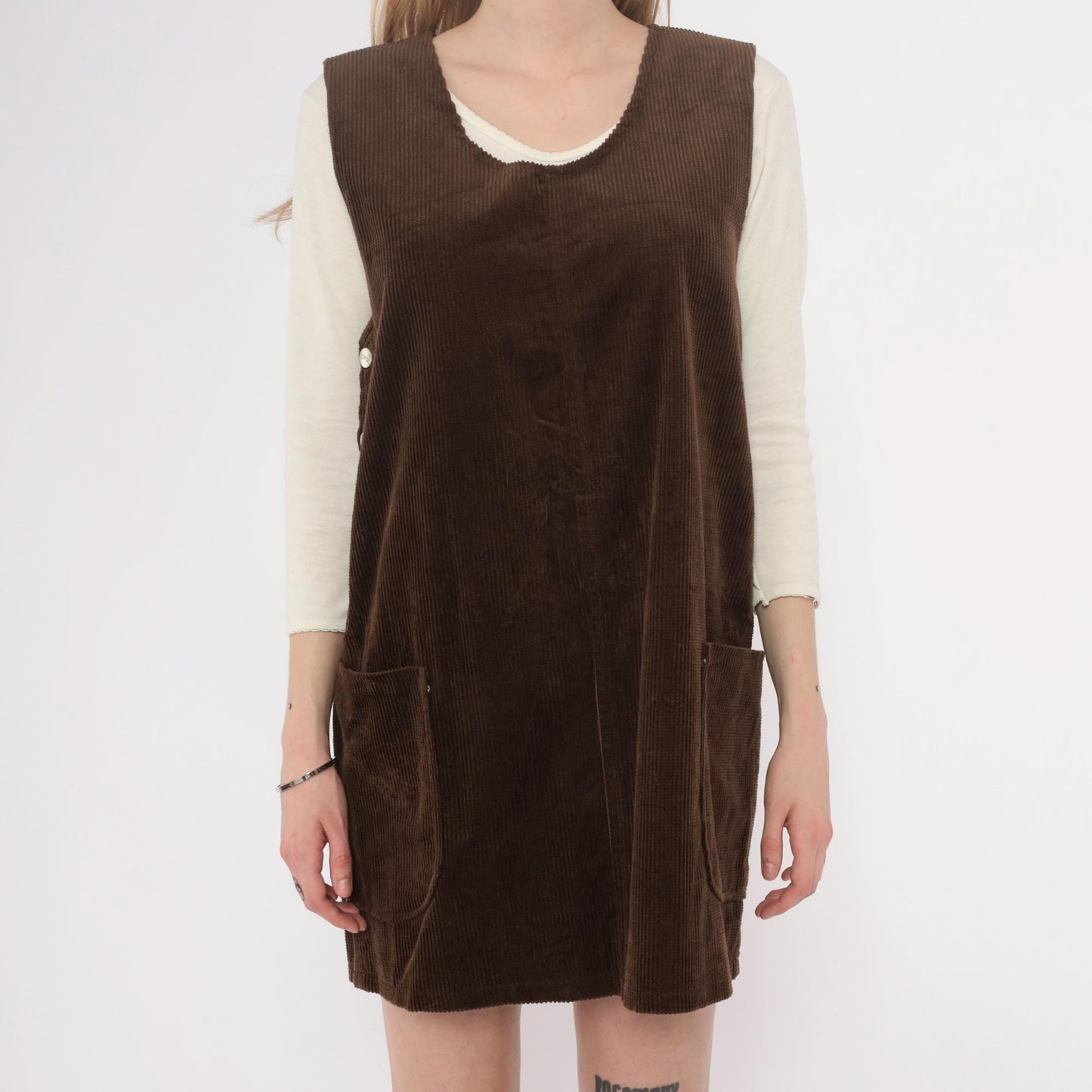90s Brown Corduroy Jumper Dress Sleeveless V-Neck Shift Pinafore Small