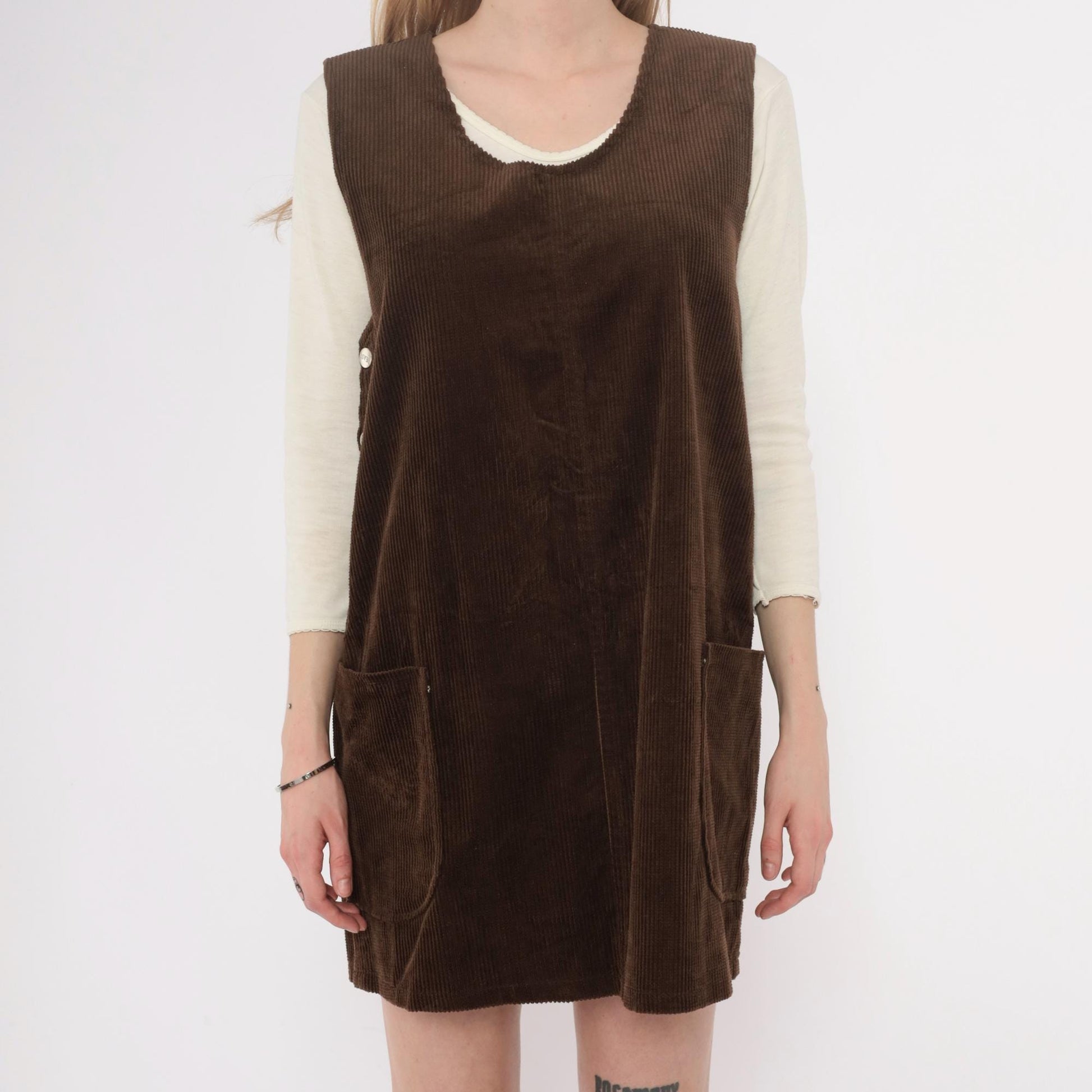 90s Brown Corduroy Jumper Dress Sleeveless V-Neck Shift Pinafore Small