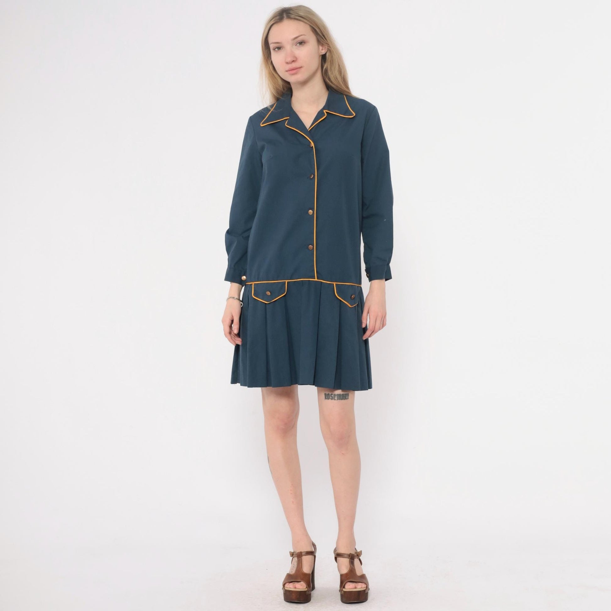 60s Navy Cotton Collared Drop Waist Dress Yellow Piping Pleated Small