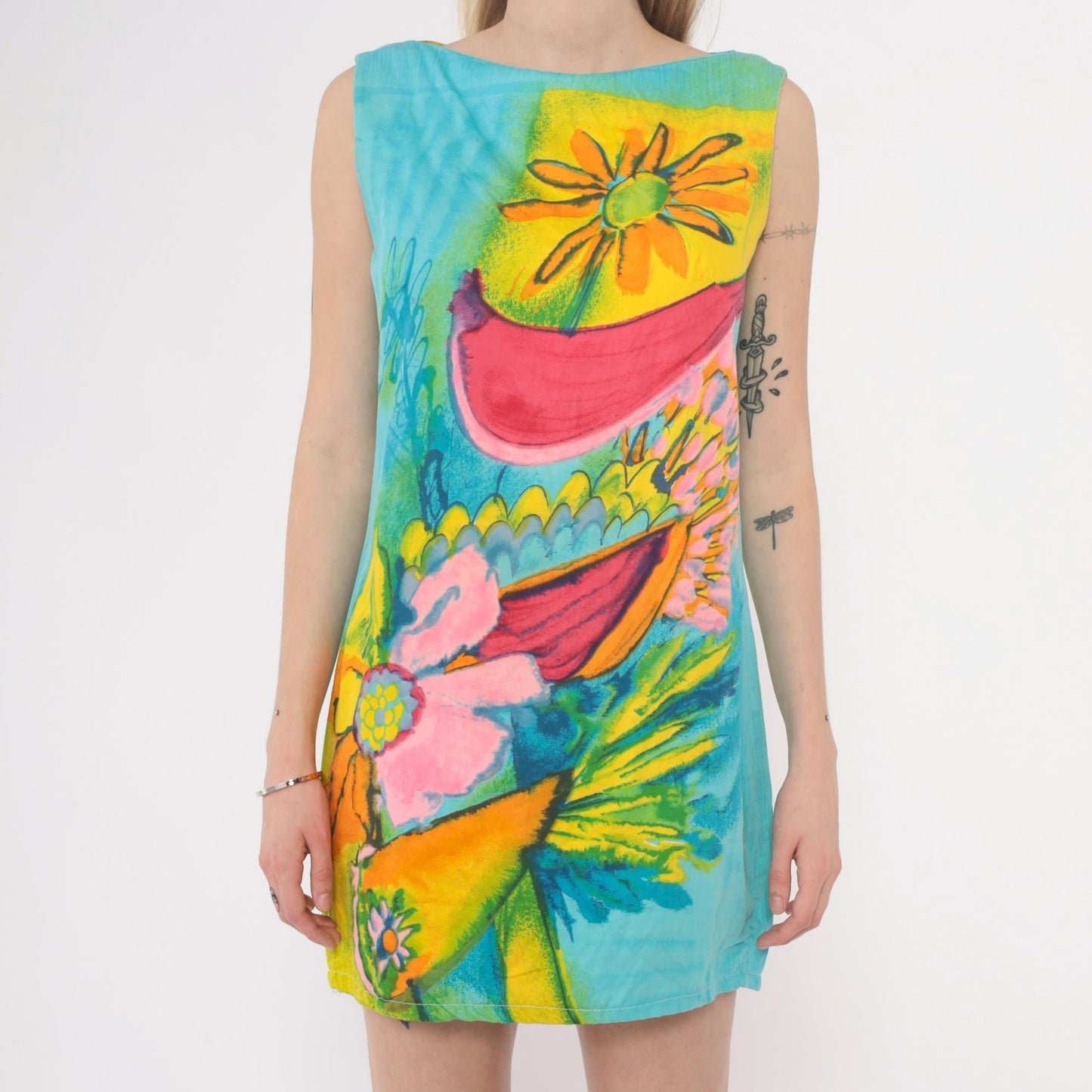 60s Psychedelic Floral Mini Dress Shift Sleeveless Cotton Turquoise Small