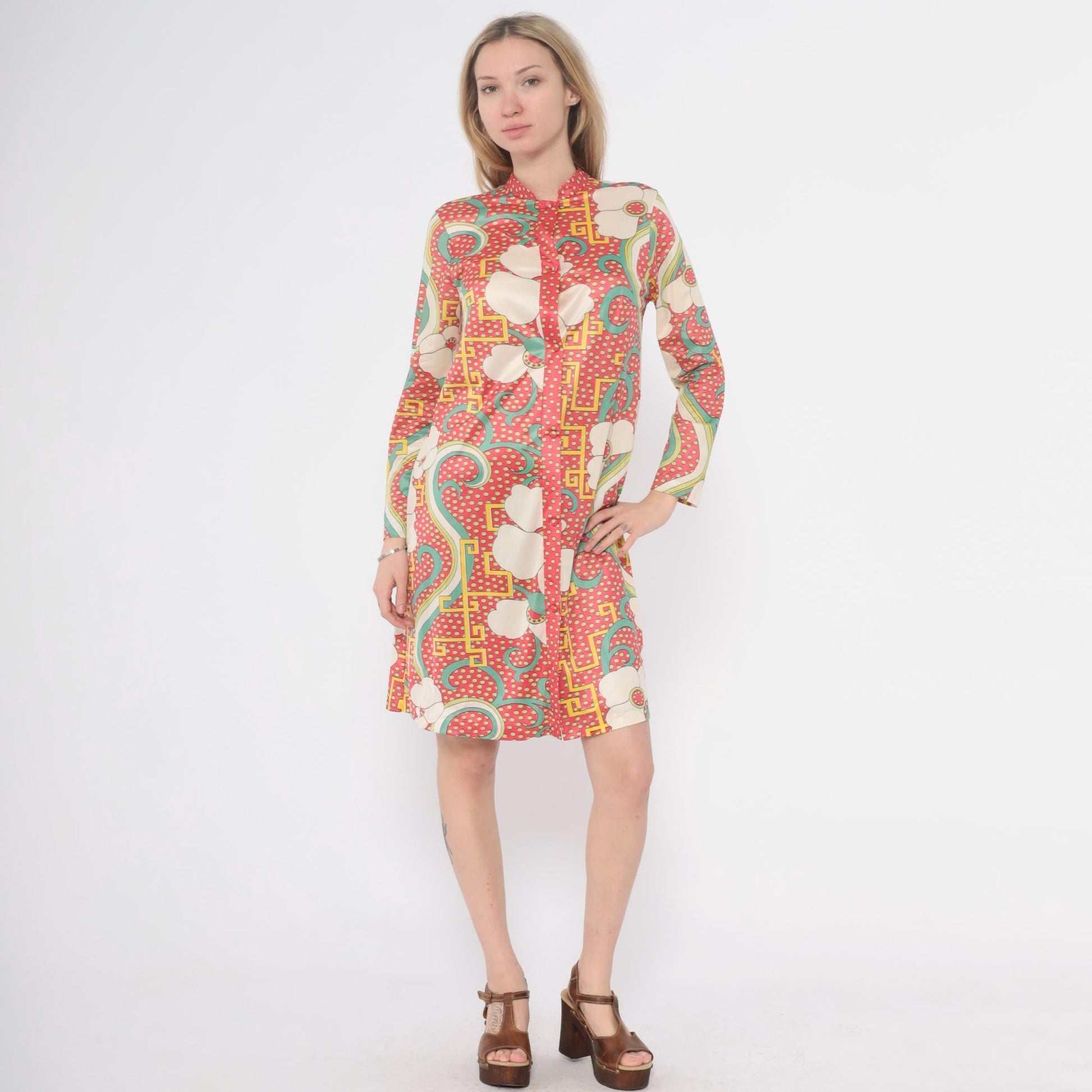 70s Psychedelic Floral Tunic Dress Pink Cream Mint Knee-Length Medium M