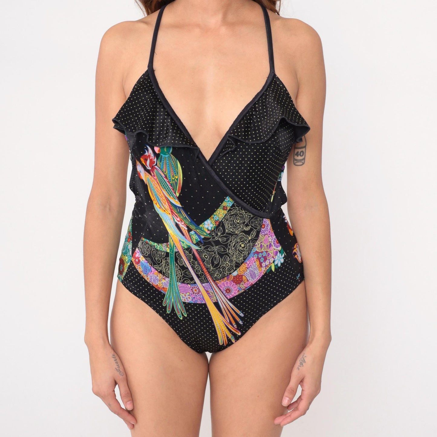 90s Gaviota Parrot Tropical One-Piece Swimsuit Black Polka Dot Medium
