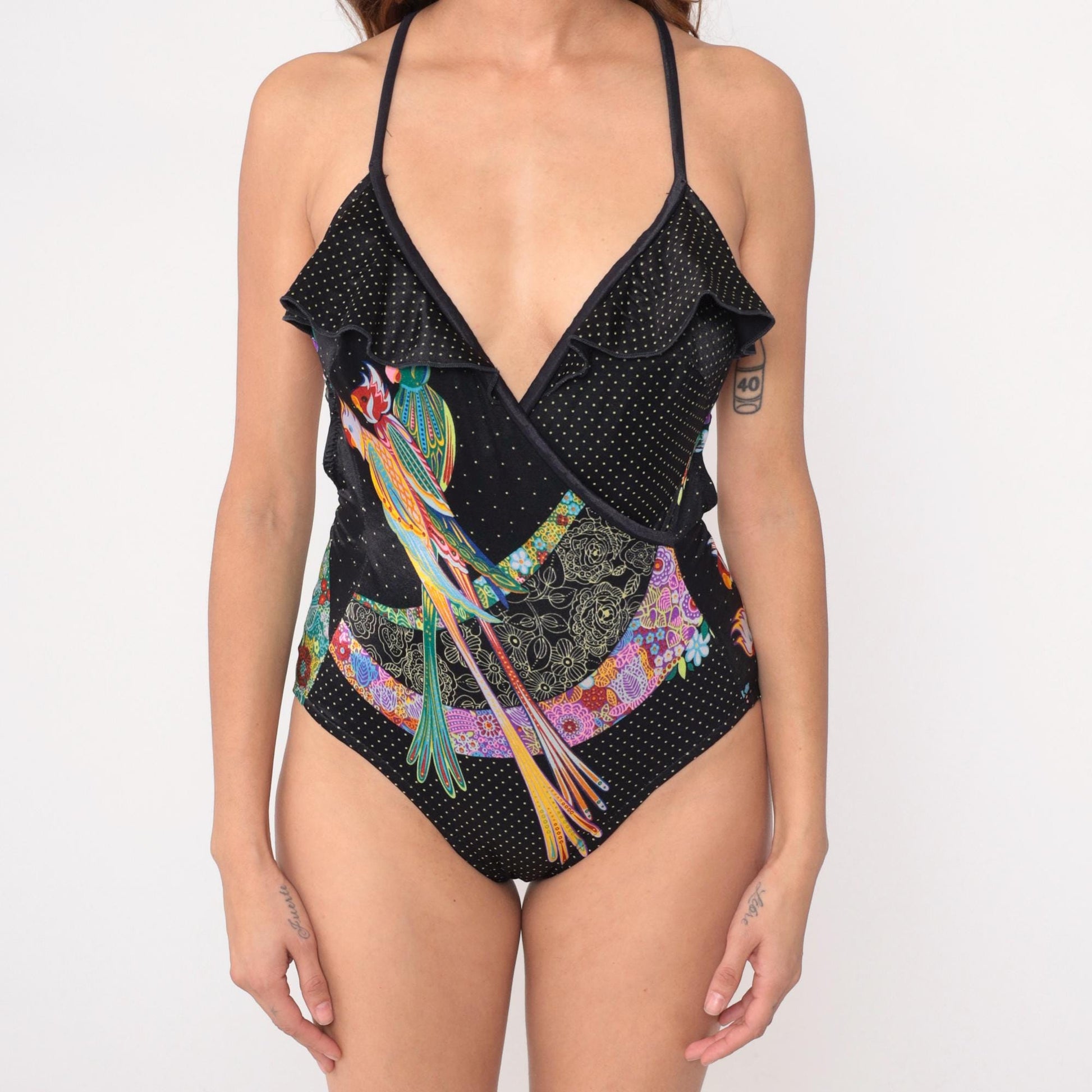90s Gaviota Parrot Tropical One-Piece Swimsuit Black Polka Dot Medium