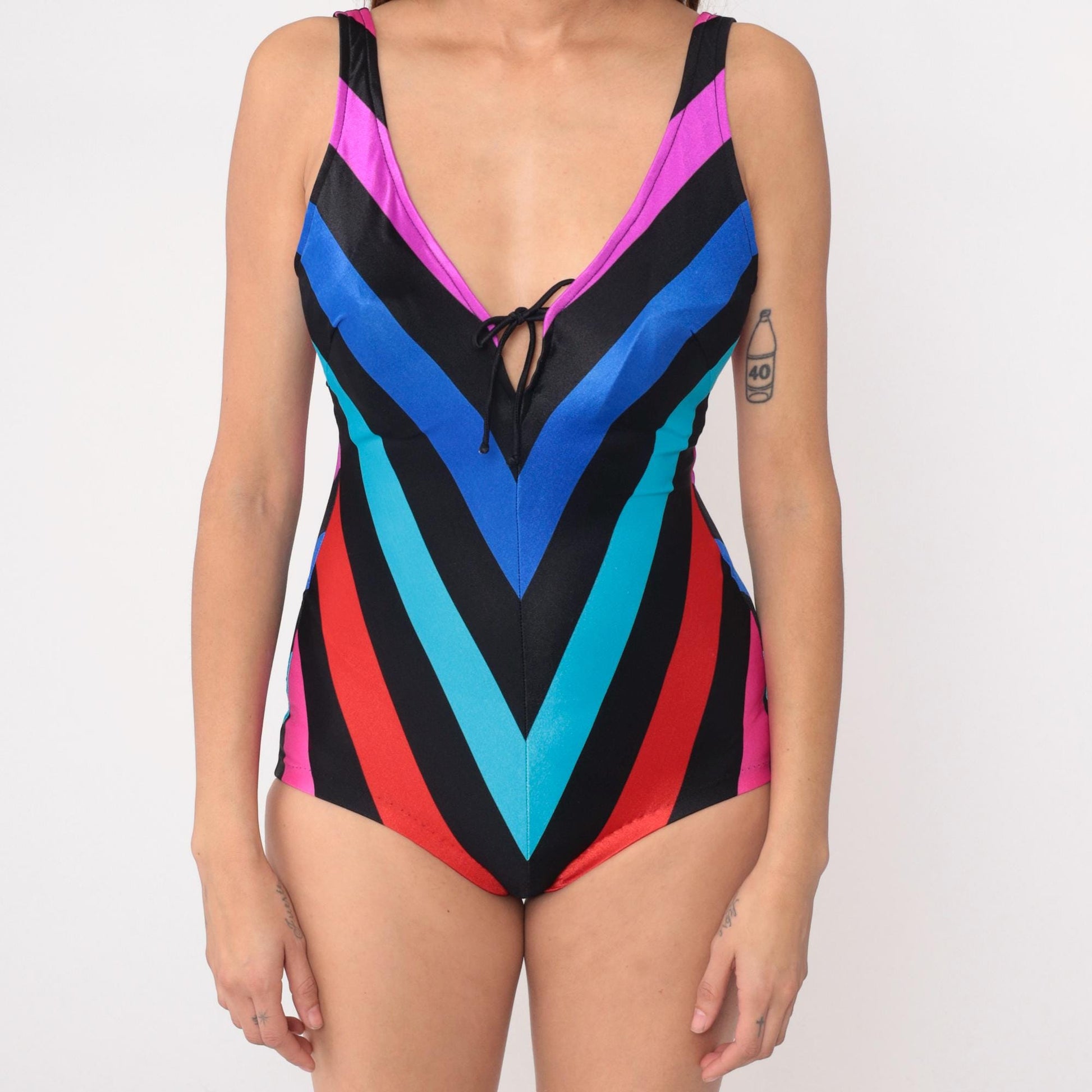 80s Cole of California Chevron Stripe One-Piece Swimsuit Black Rainbow Medium