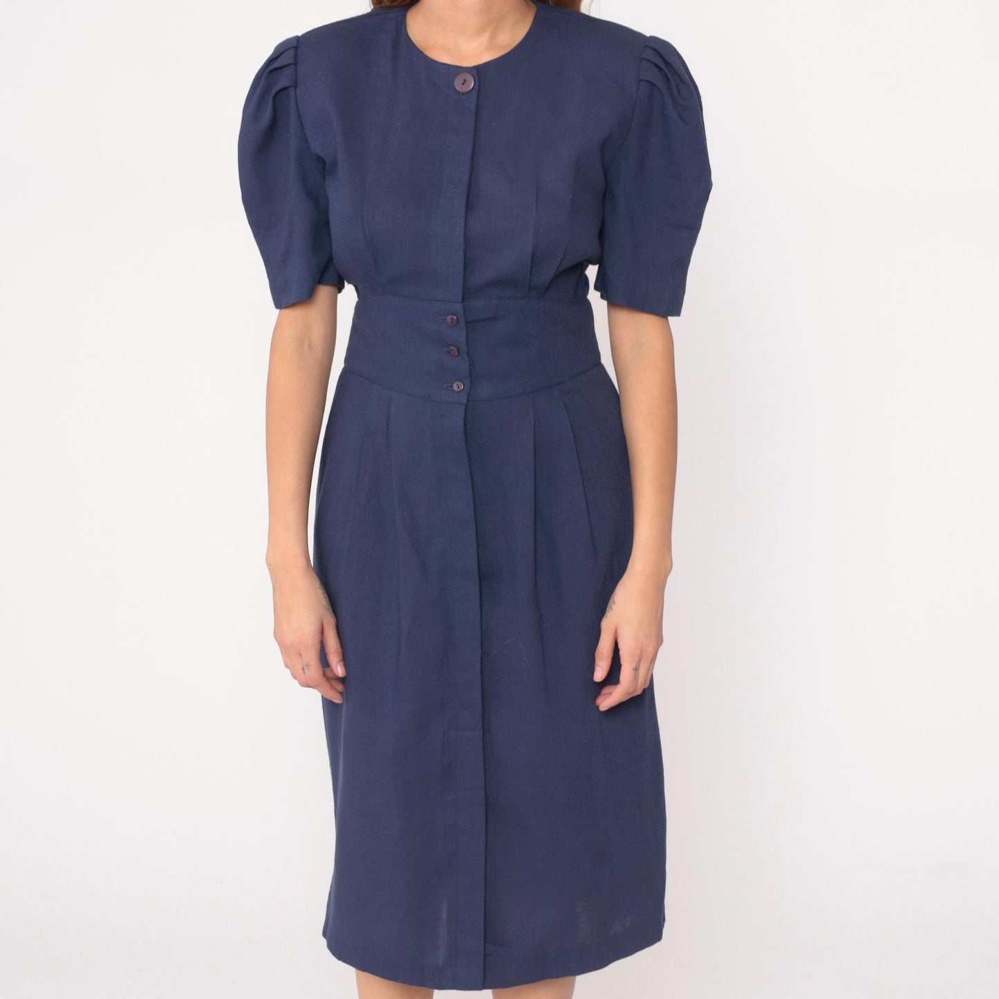 80s Jessica Howard Navy Puff Sleeve Dress Pleated Skirt Shoulder Pads Medium