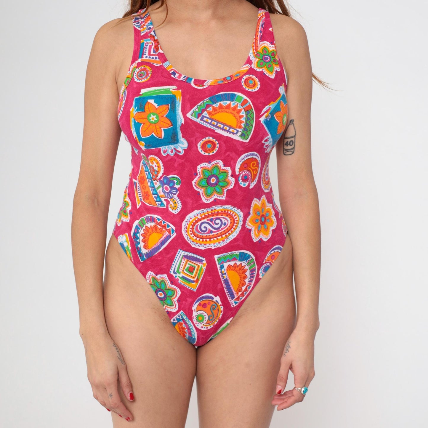 90s United Colors of Benetton One-Piece Swimsuit Pink Paisley Geometric Large L