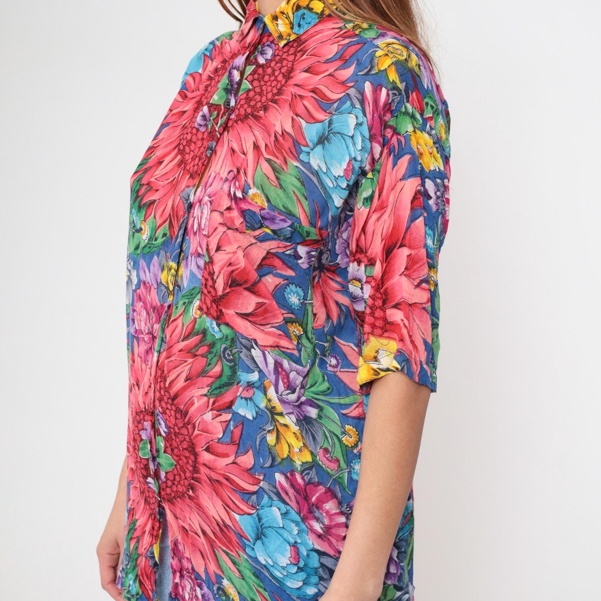 90s Floral Cotton Mandarin Collar Shirt Pink Dahlia Print Large L