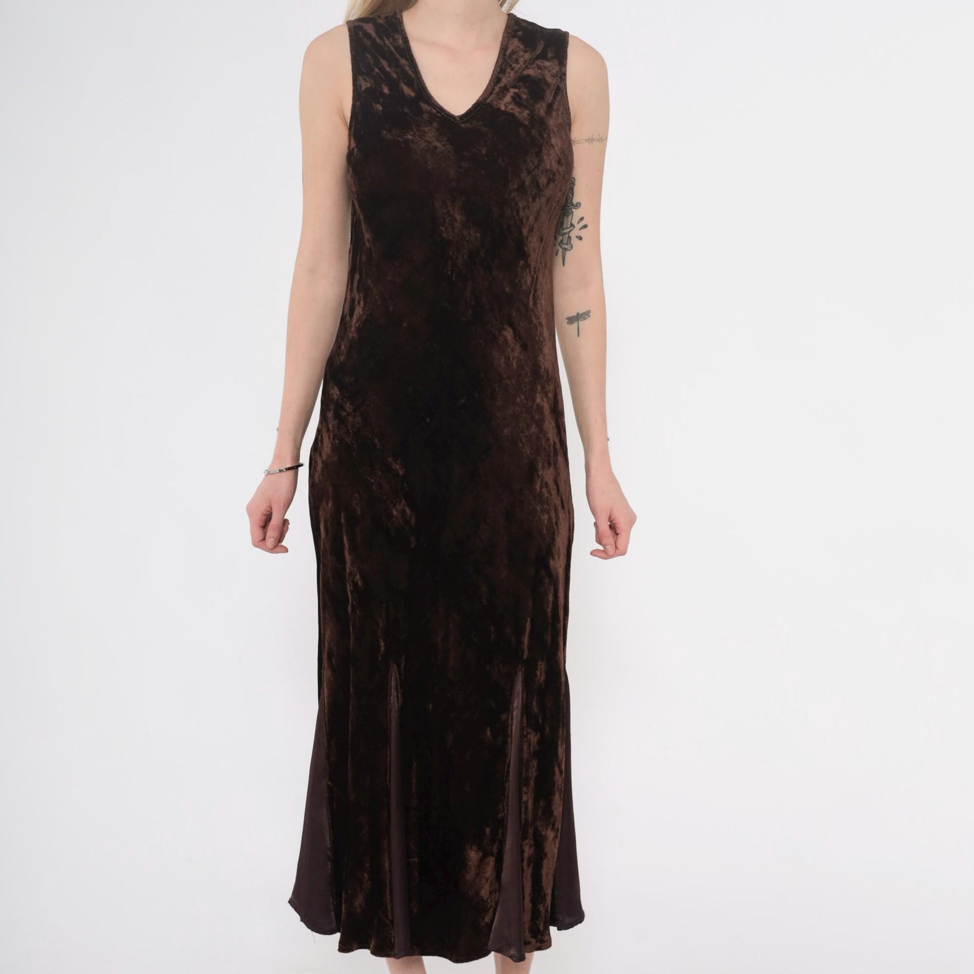 90s April Cornell Velvet Maxi Dress Brown V-Neck Sleeveless Small S