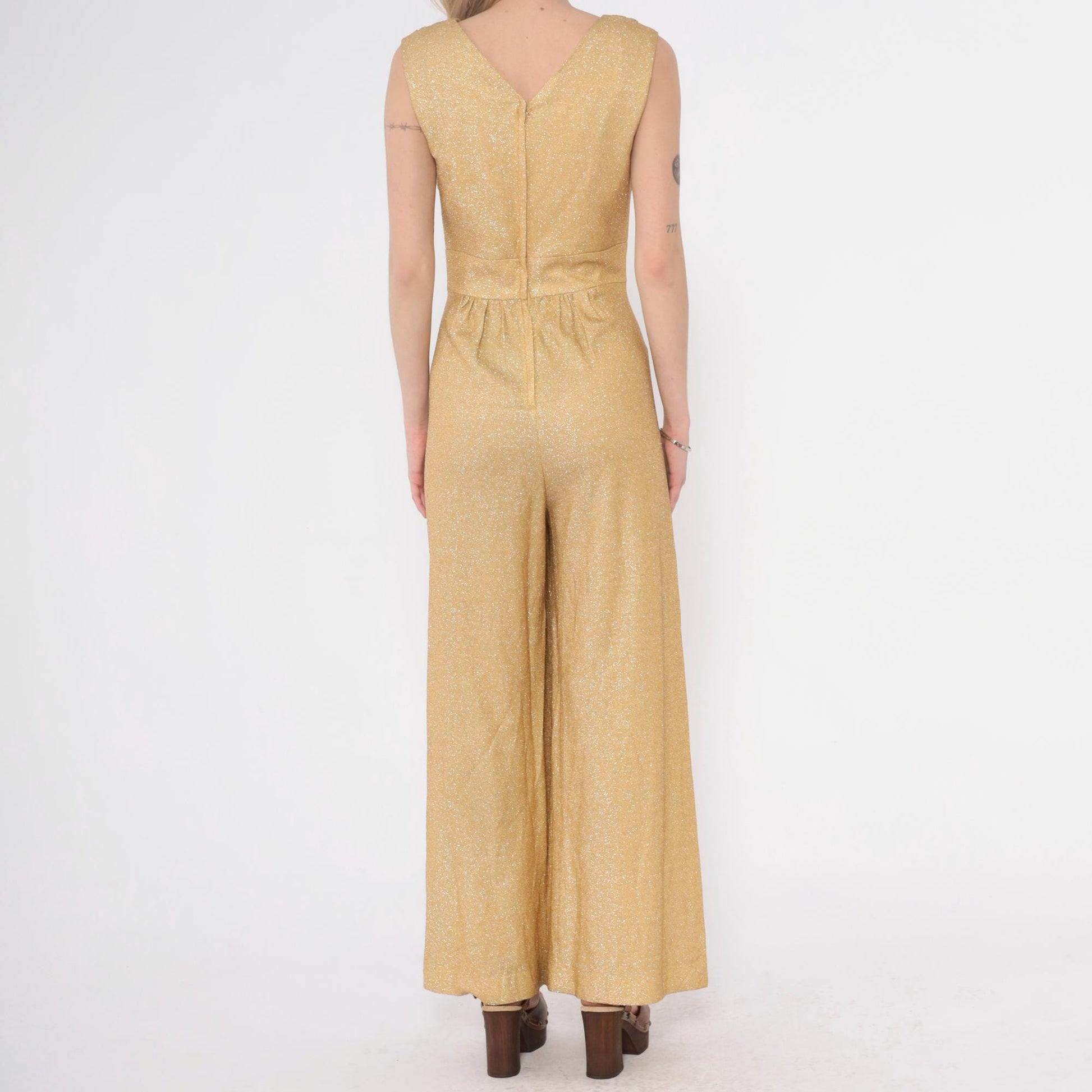 70s Gold Metallic Jumpsuit Sleeveless V-Neck Wide Leg Spiegel Small