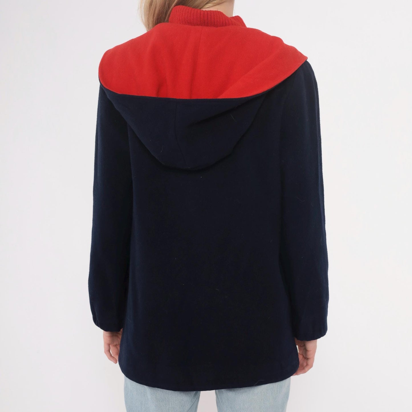 70s Mackintosh Wool Hooded Toggle Coat Navy Red Colour Block Medium