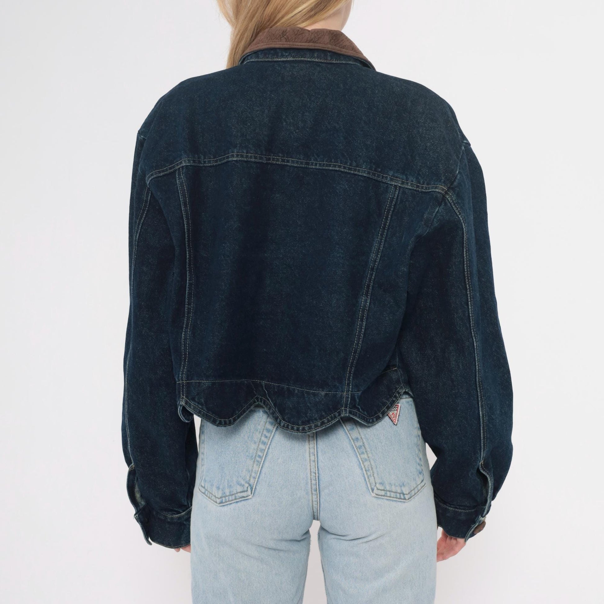 90s Coldwater Creek Cropped Denim Jacket Scalloped Hem Dark Wash Large L