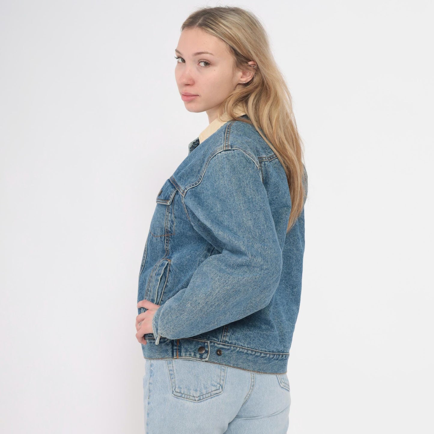90s Denim Trucker Jacket Corduroy Collar Flannel Lined Medium Blue