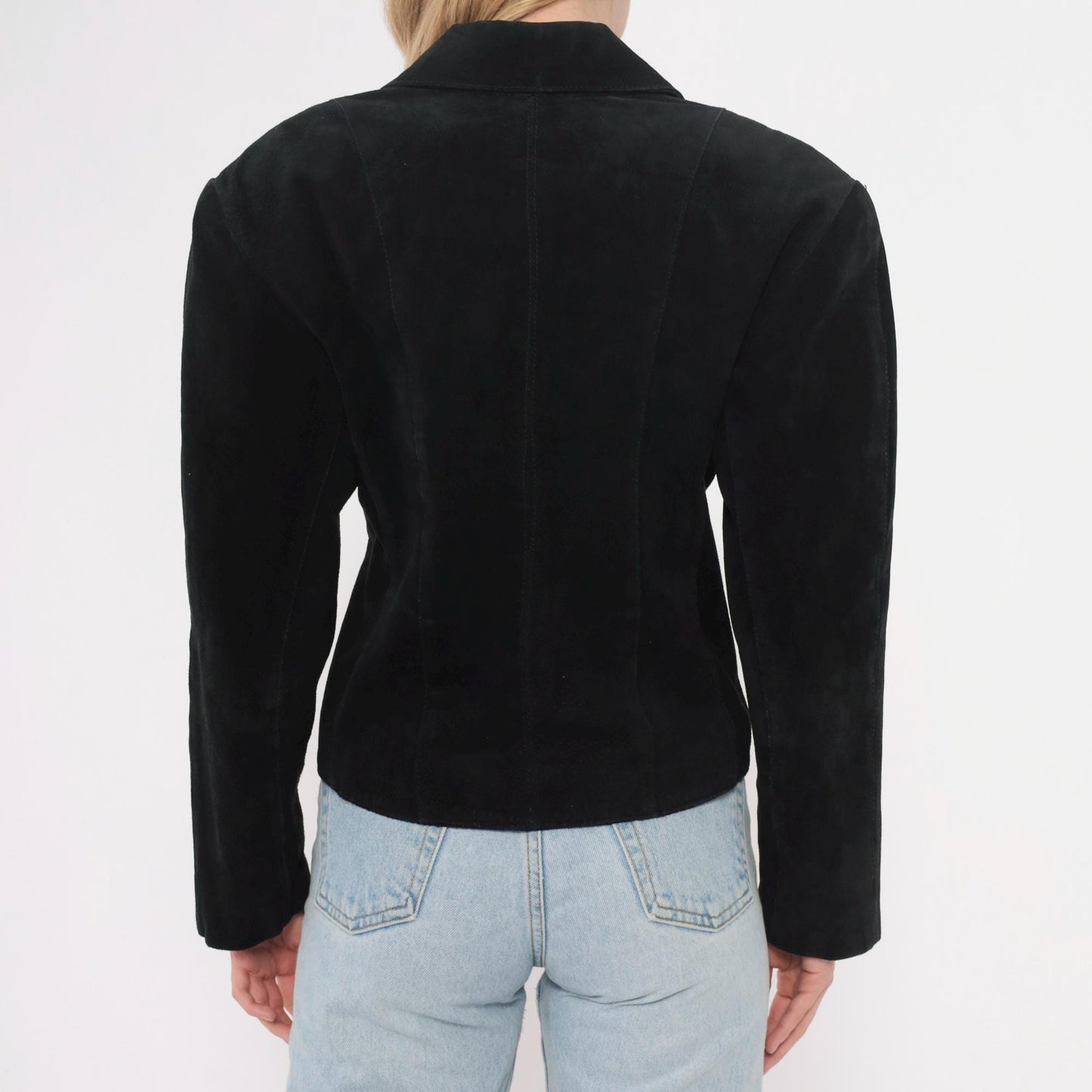 90s Winlit Black Leather Double Breasted Cropped Blazer Notched Lapel Small S