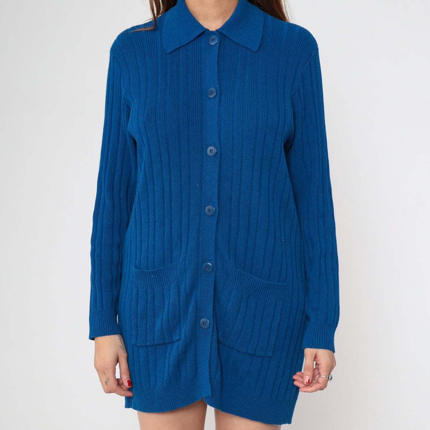 80s Andrea Jovine Blue Ribbed Cardigan Pointed Collar Pockets Large L
