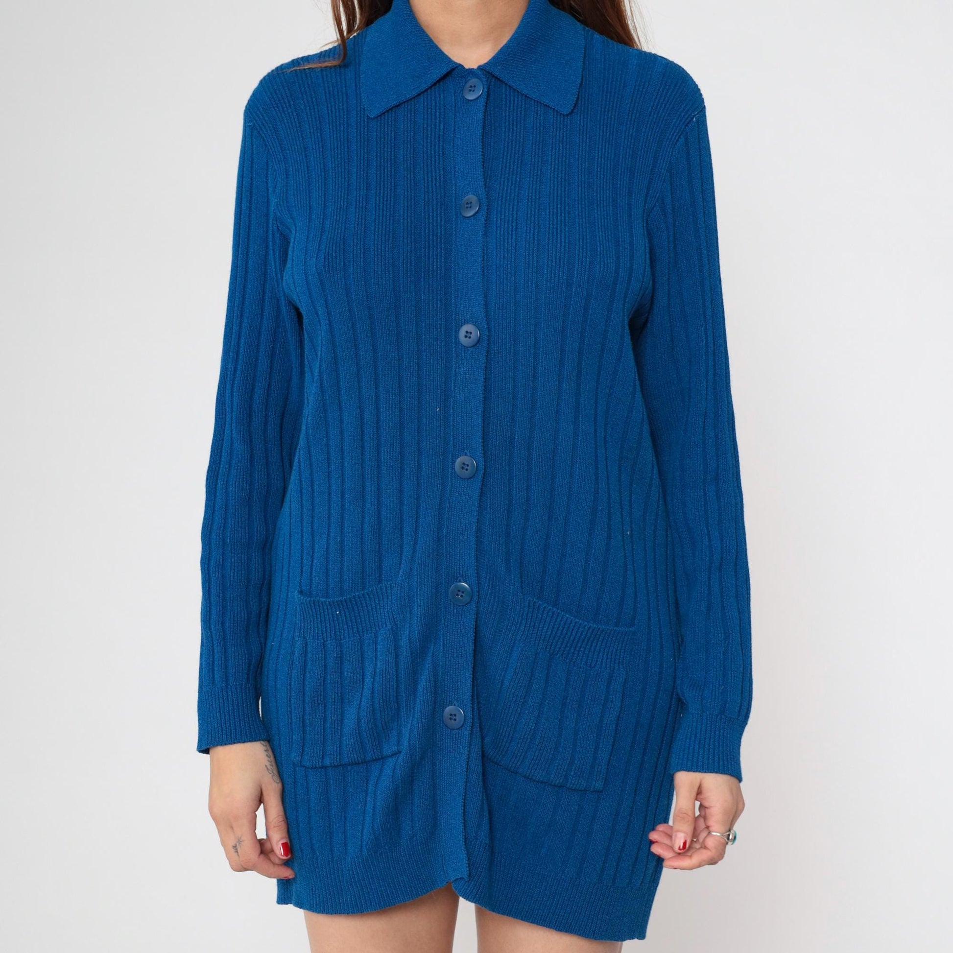80s Andrea Jovine Blue Ribbed Cardigan Pointed Collar Pockets Large L