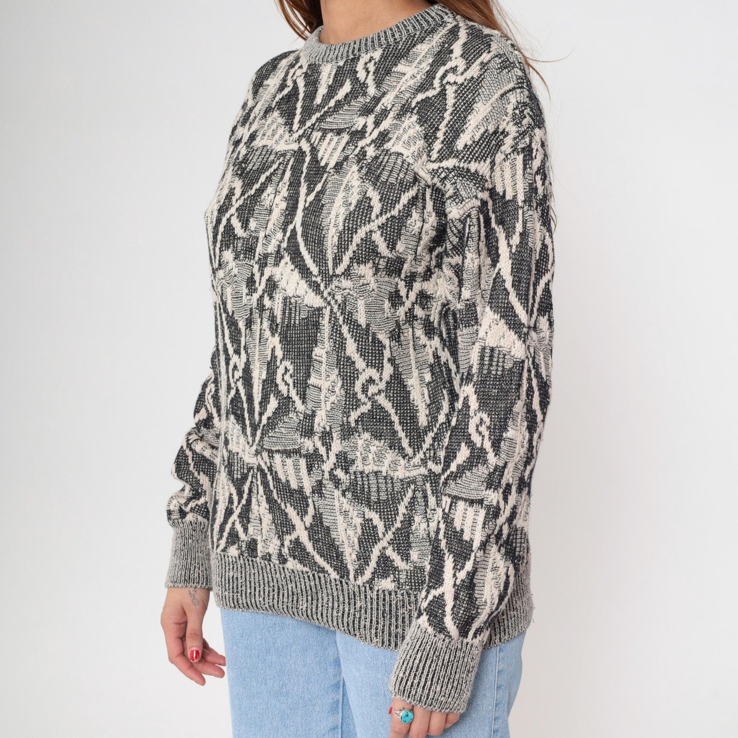 80s Collezione Zenio Abstract Geometric Knit Sweater Grey Cream Small