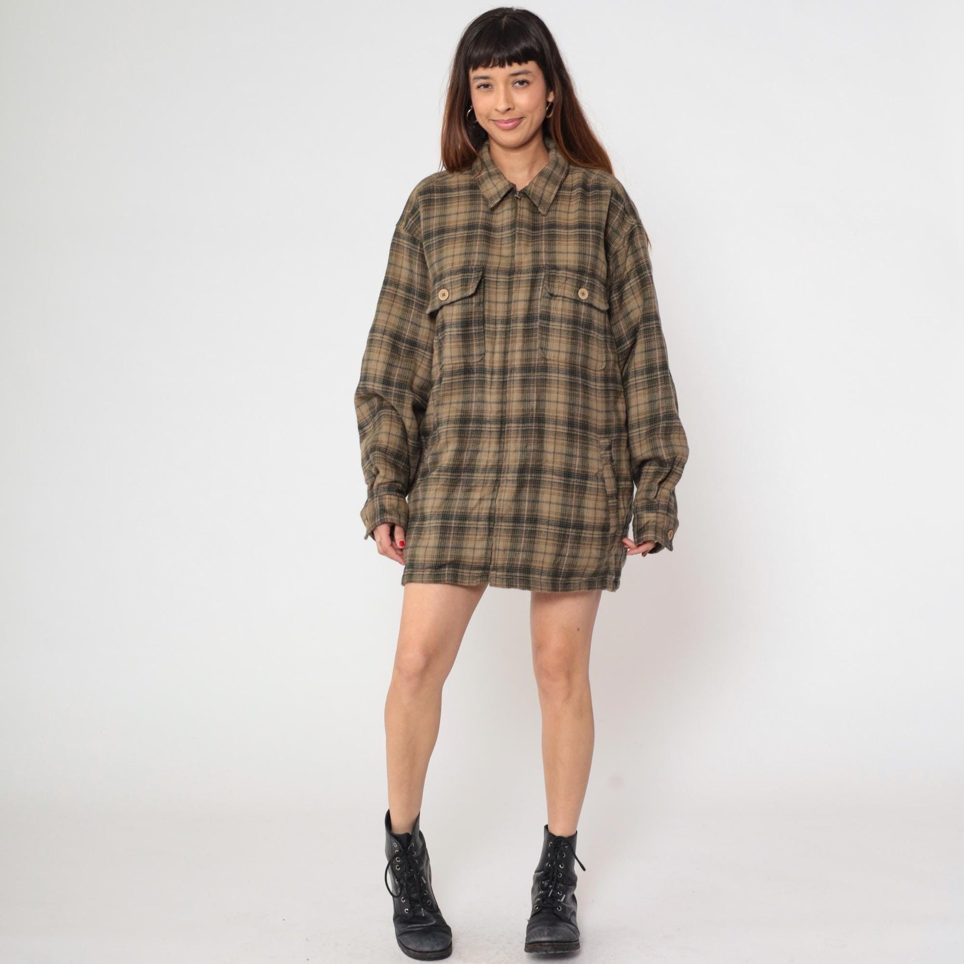 Y2K Shaver Lake Plaid Shirt Jacket Brown Green Checked Collared Large L