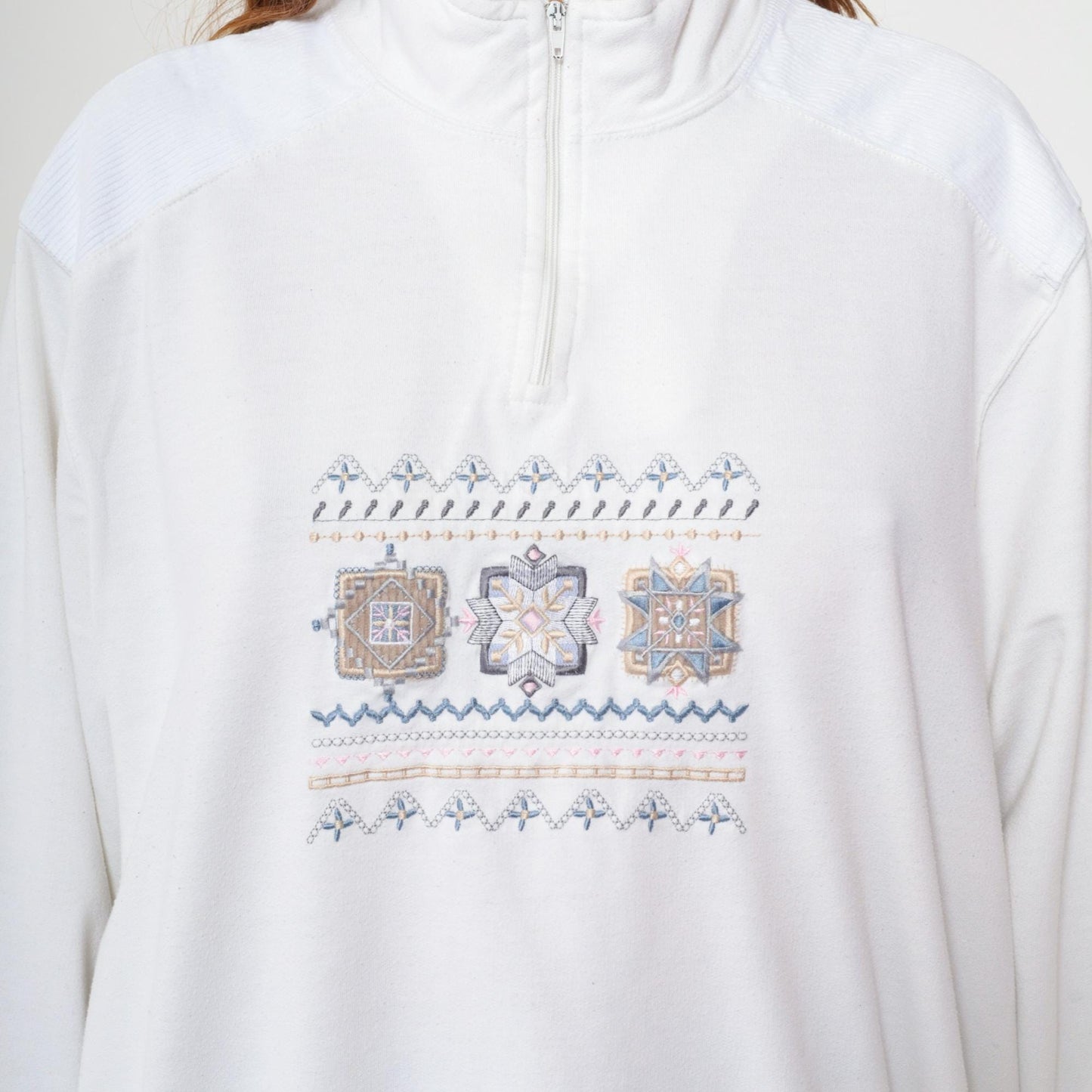 80s Alfred Dunner Quarter-Zip Sweatshirt White Geometric Embroidered Extra Large