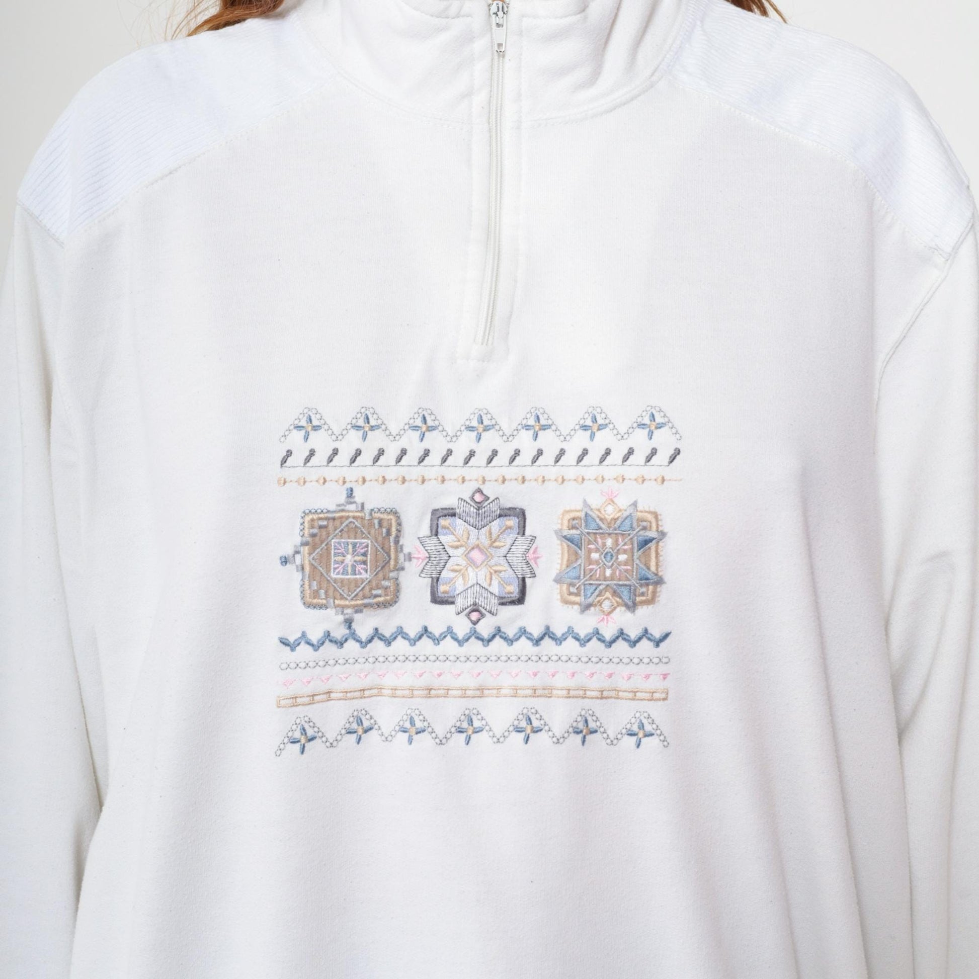 80s Alfred Dunner Quarter-Zip Sweatshirt White Geometric Embroidered Extra Large